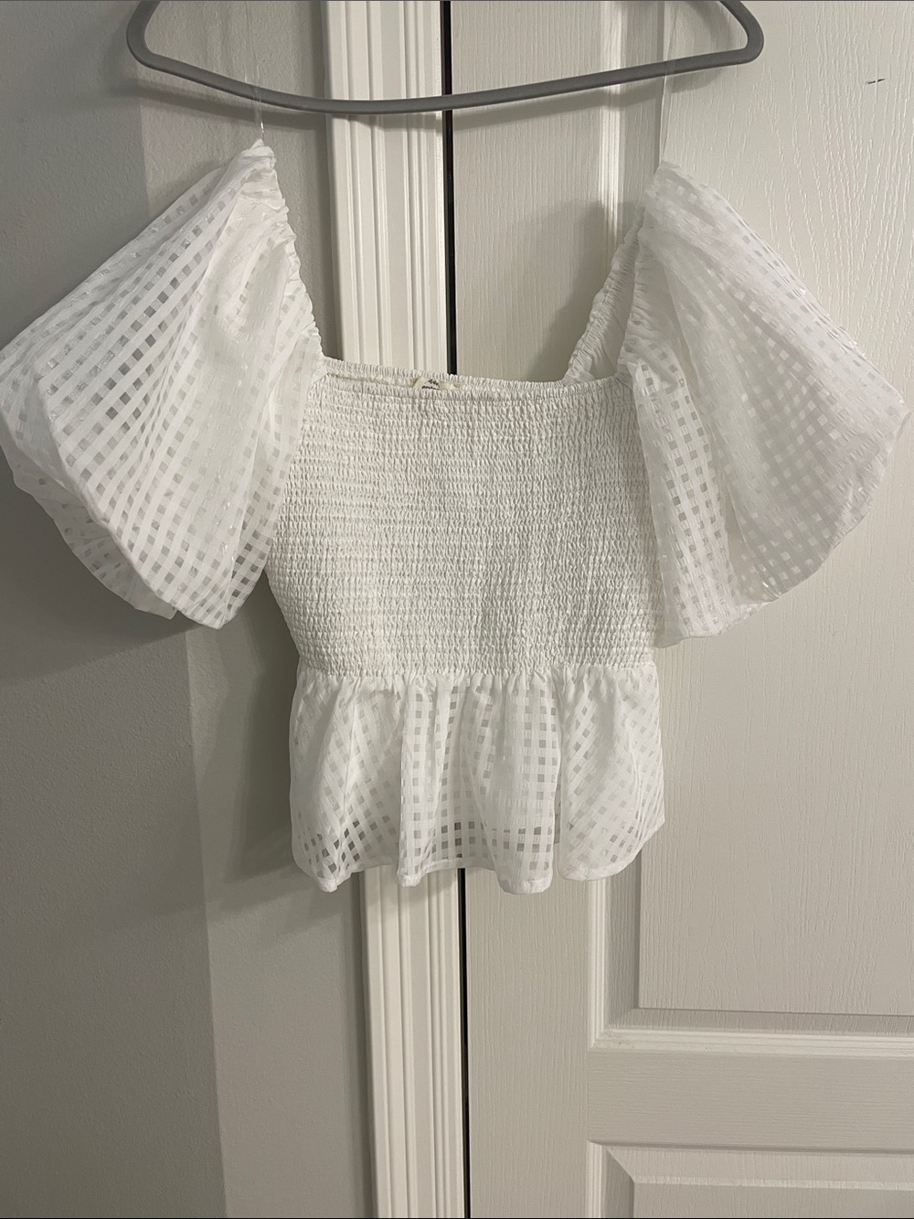 Entro White Smocked Peplum Top with Puff Sleeves